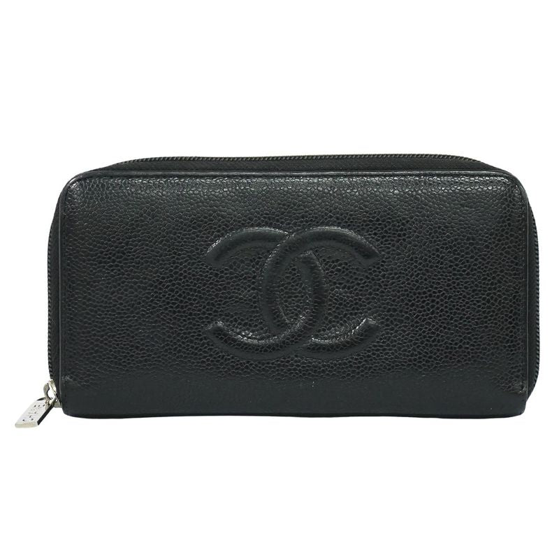 Authentic Chanel Coco Mark Round Zipper Long Wallet Long Wallet Caviar Skin