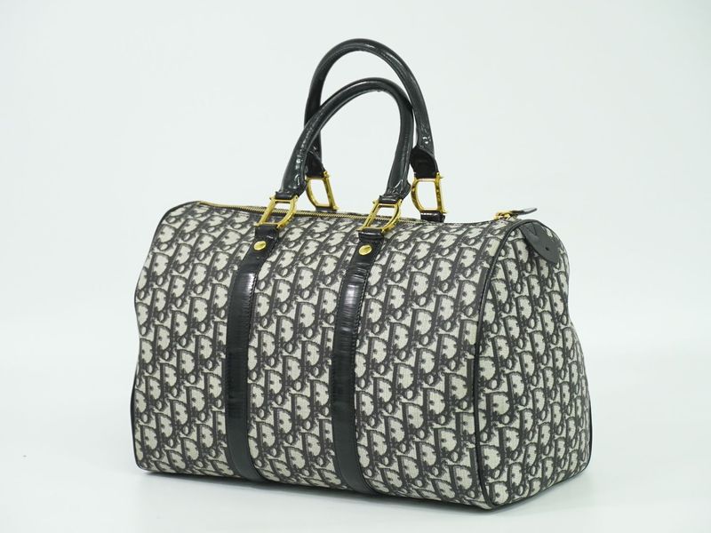 Authentic Christian DIOR Trotter Boston Bag Handbag PVC Patent Leather Black