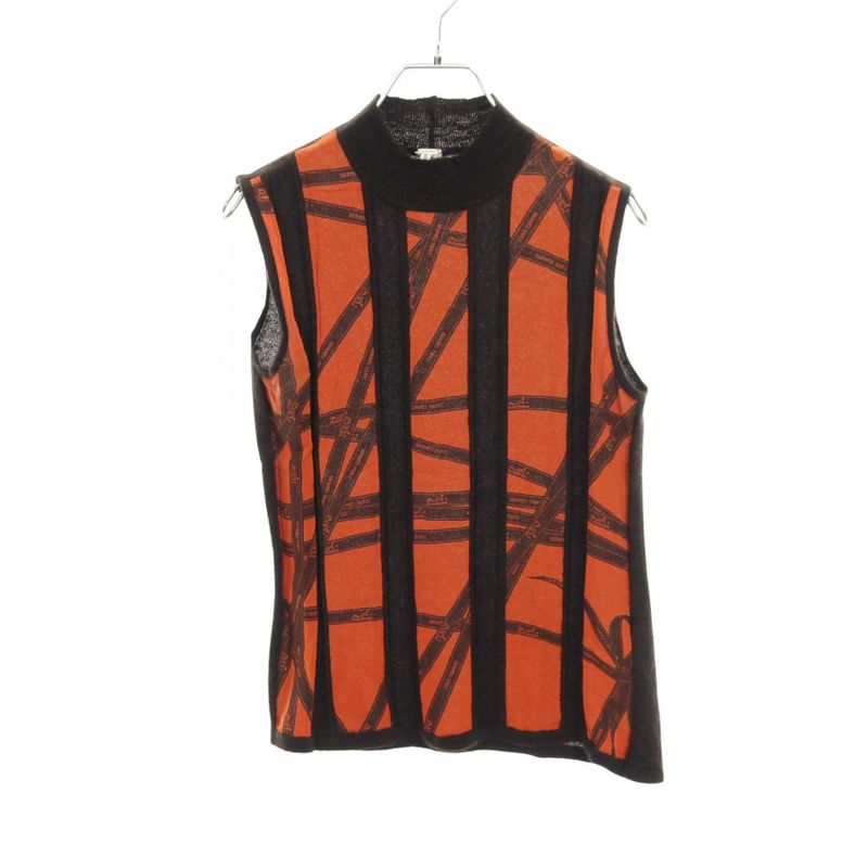 Hermes Knit Bolduc Ribbon Orange X Brown Silk Cashmere Top Women's Used C