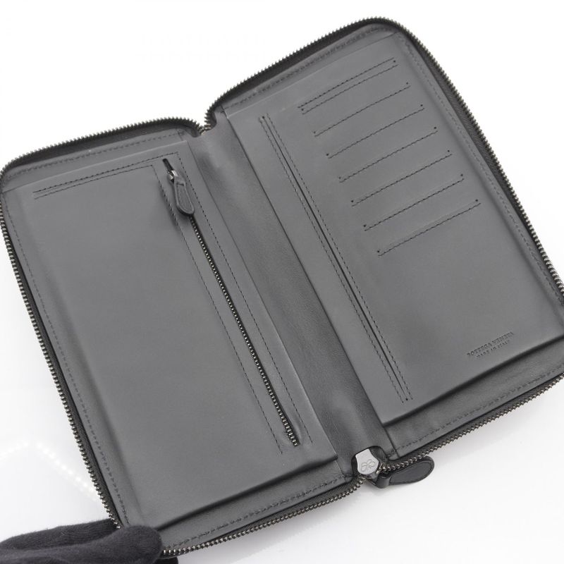 Bottega Veneta Round Long Wallet Intrecciato Dark Gray Leather Intrecciato