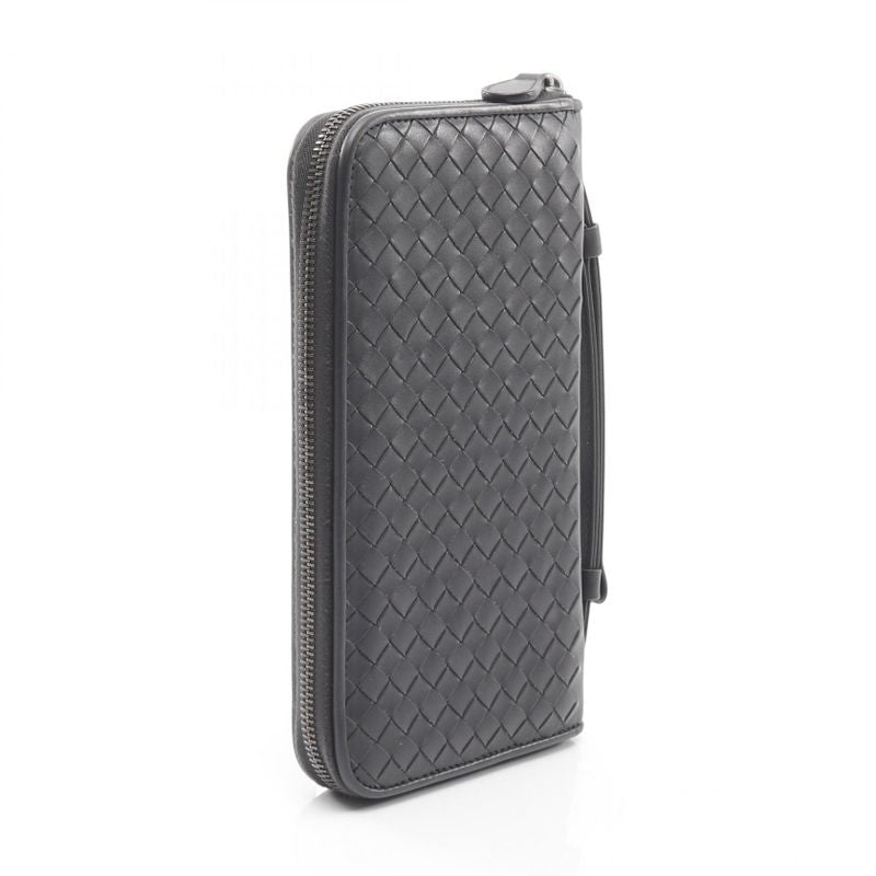 Bottega Veneta Round Long Wallet Intrecciato Dark Gray Leather Intrecciato