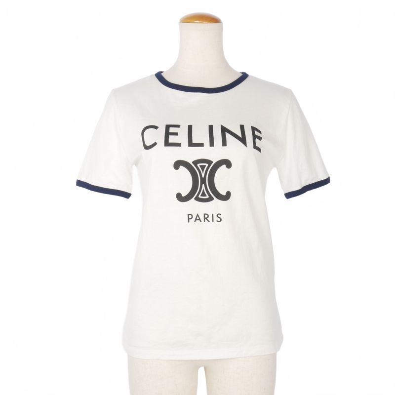 Celine Triomphe Logo Print T-shirt Short Sleeves Piping XS White