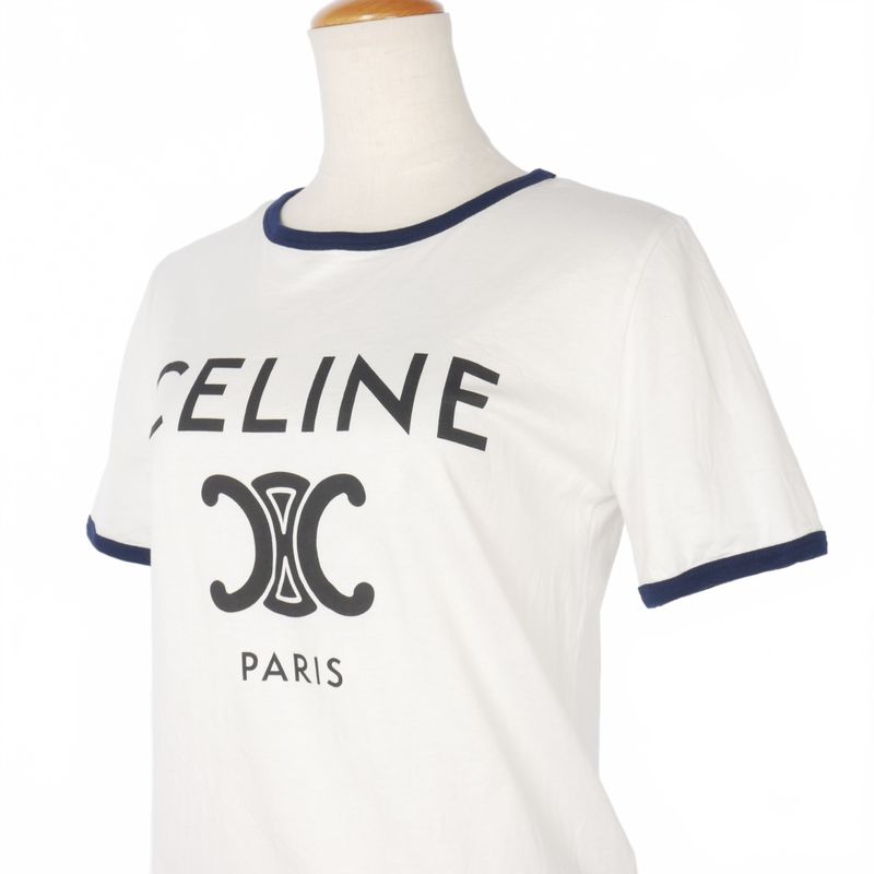 Celine Triomphe Logo Print T-shirt Short Sleeves Piping XS White