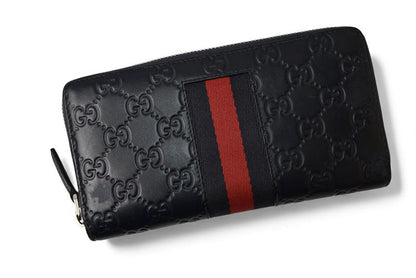 Gucci Wallet Gucci Long Wallet Round Zipper Webline Guccissima Dark Navy Red