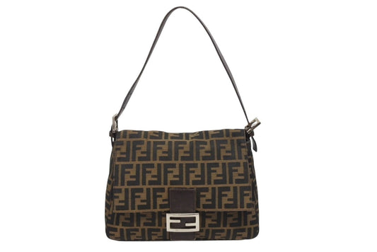 Fendi Mamma Baguette Shoulder Bag Zucca Pattern Cotton Canvas Brown Silver