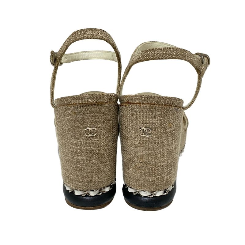 Chanel Sandals 36 Women - Beige X Silver X White Chain/wedge Sole Linen Leather