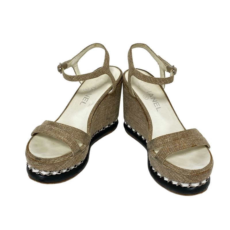 Chanel Sandals 36 Women - Beige X Silver X White Chain/wedge Sole Linen Leather