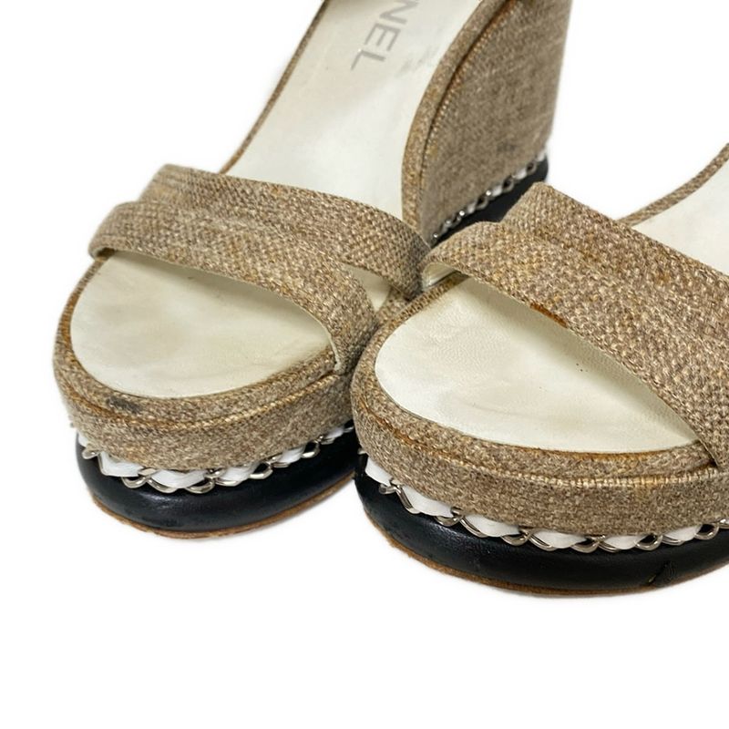 Chanel Sandals 36 Women - Beige X Silver X White Chain/wedge Sole Linen Leather