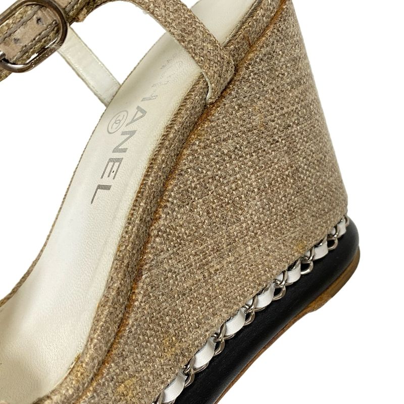 Chanel Sandals 36 Women - Beige X Silver X White Chain/wedge Sole Linen Leather