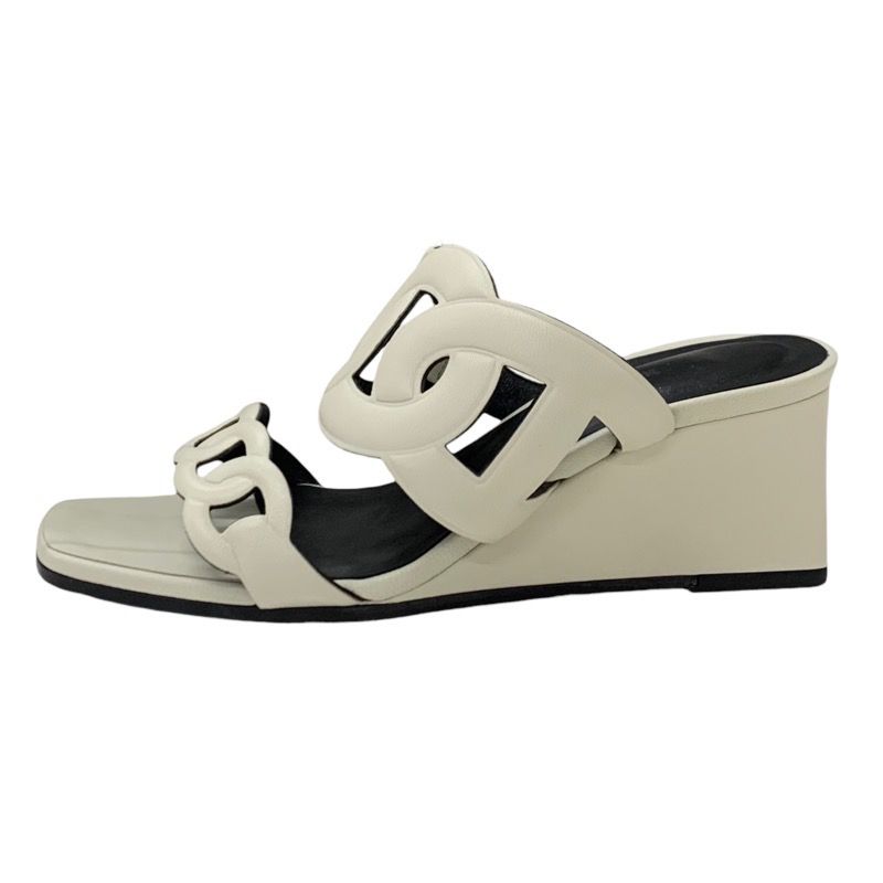 Hermes Figari Sandals Shoes Leather Ivory Wedge Sole Chaine D'ancre