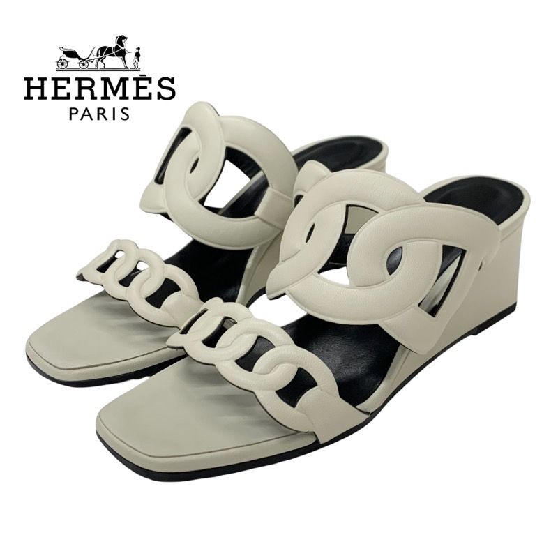 Hermes Figari Sandals Shoes Leather Ivory Wedge Sole Chaine D'ancre