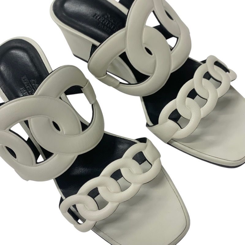 Hermes Figari Sandals Shoes Leather Ivory Wedge Sole Chaine D'ancre