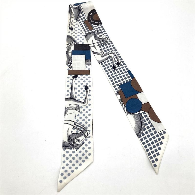 Hermes Twilly En Formes Scarf Silk 84.5cm (33.27in) Navy Brown Women