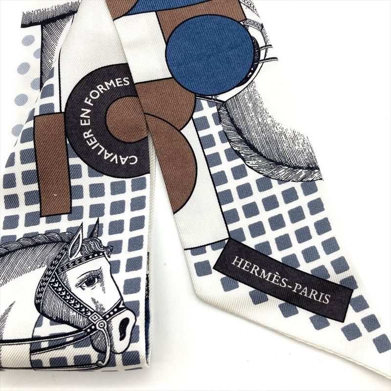 Hermes Twilly En Formes Scarf Silk 84.5cm (33.27in) Navy Brown Women