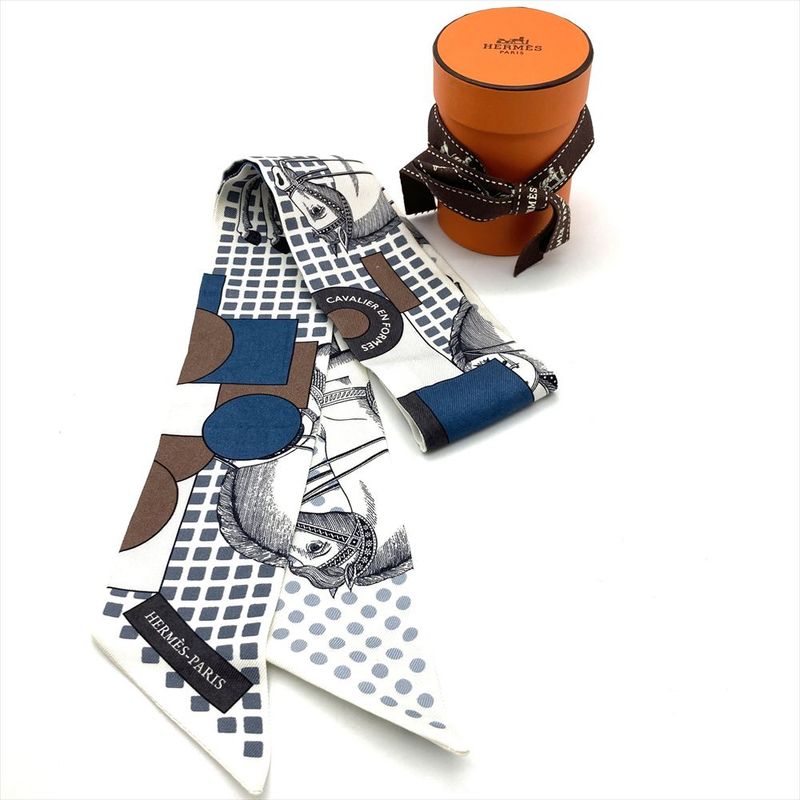 Hermes Twilly En Formes Scarf Silk 84.5cm (33.27in) Navy Brown Women