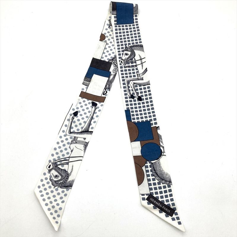 Hermes Twilly En Formes Scarf Silk 84.5cm (33.27in) Navy Brown Women