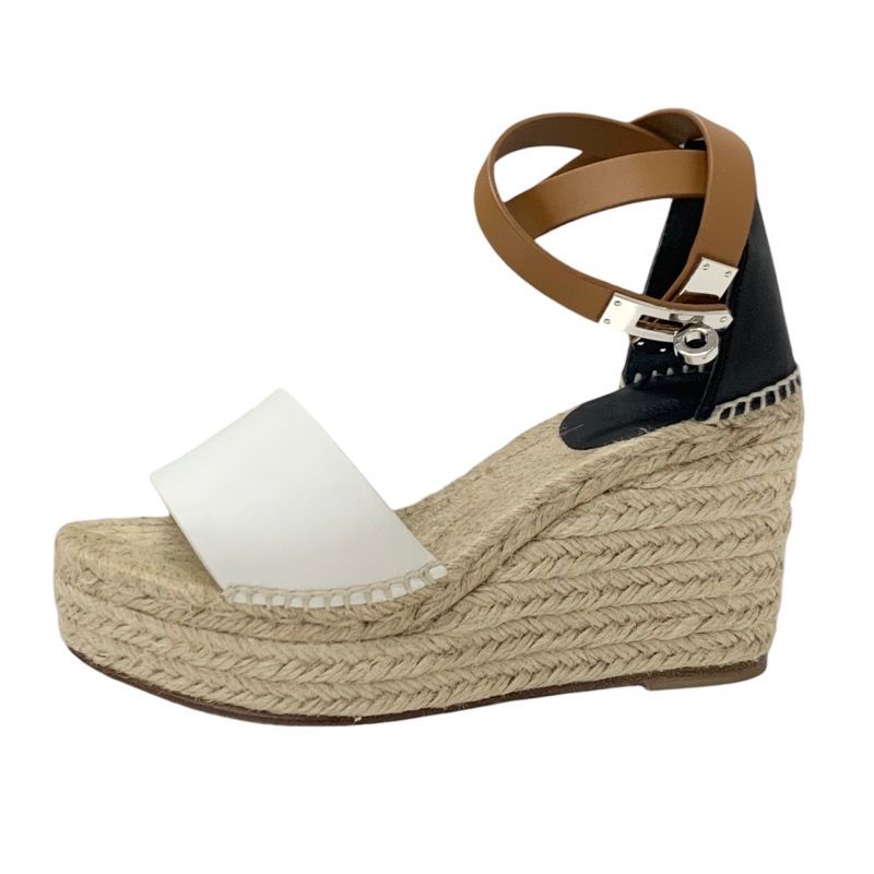 Hermes Tipori Sandals Shoes Leather White Black Kelly Hardware Wedge Sole