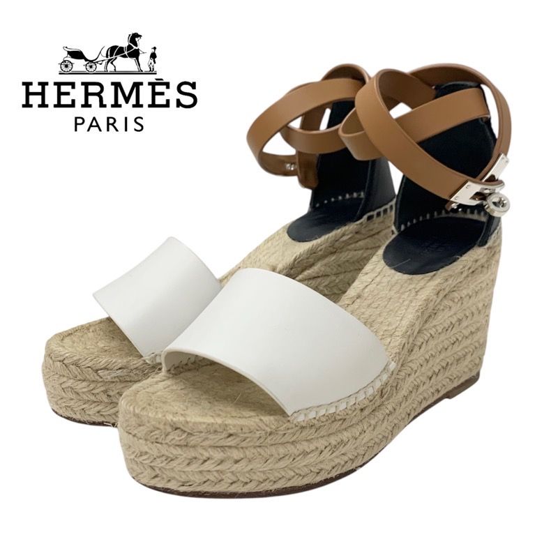 Hermes Tipori Sandals Shoes Leather White Black Kelly Hardware Wedge Sole