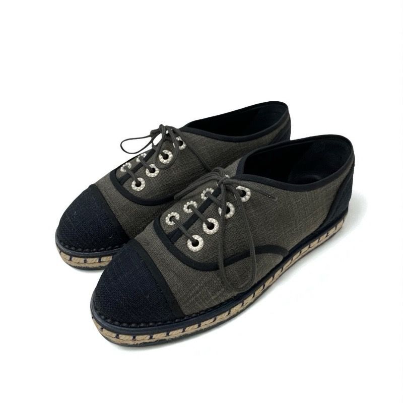 Chanel Flat Shoes Fabric Gray Black Here Mark Espadrilles Pearl Lace Up Shoes