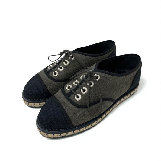 Chanel Flat Shoes Fabric Gray Black Here Mark Espadrilles Pearl Lace Up Shoes