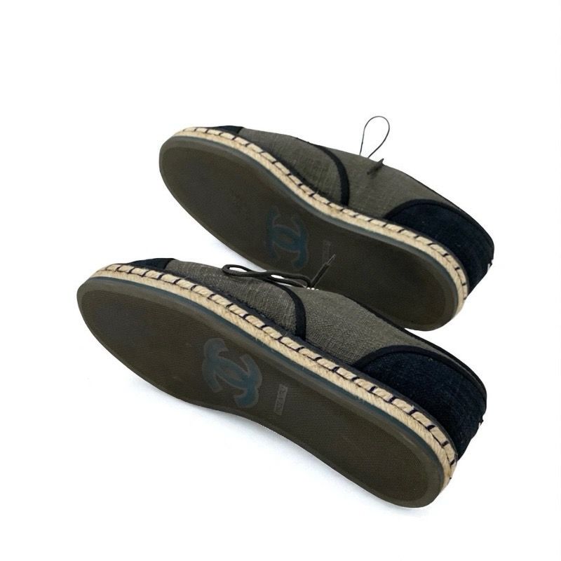 Chanel Flat Shoes Fabric Gray Black Here Mark Espadrilles Pearl Lace Up Shoes