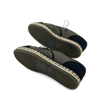 Chanel Flat Shoes Fabric Gray Black Here Mark Espadrilles Pearl Lace Up Shoes