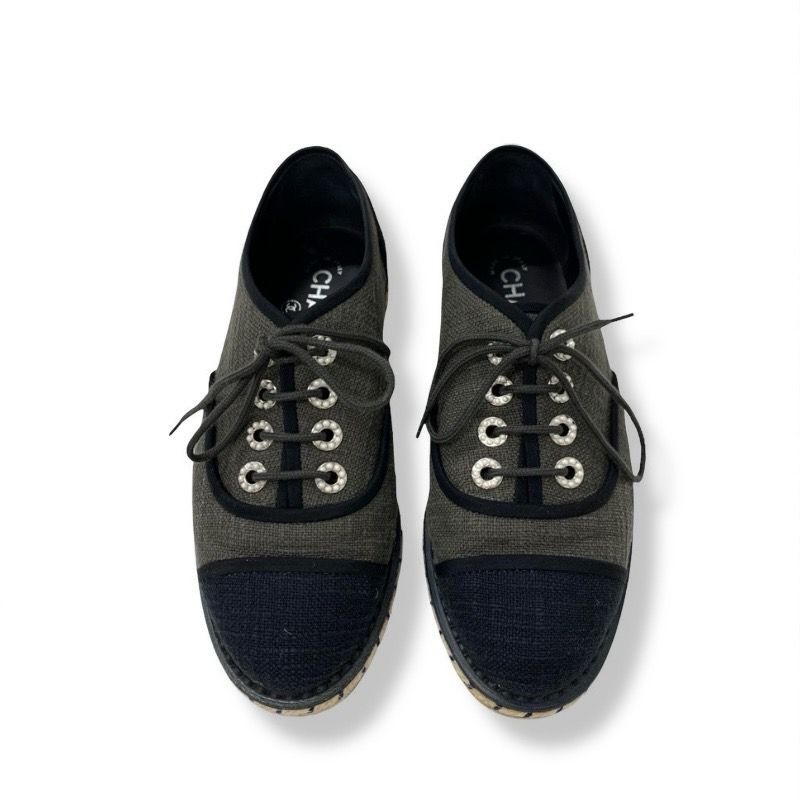 Chanel Flat Shoes Fabric Gray Black Here Mark Espadrilles Pearl Lace Up Shoes