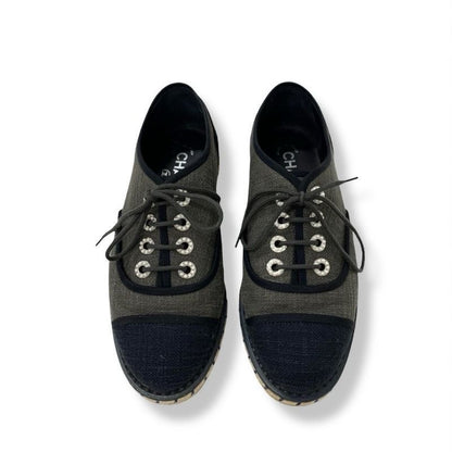 Chanel Flat Shoes Fabric Gray Black Here Mark Espadrilles Pearl Lace Up Shoes