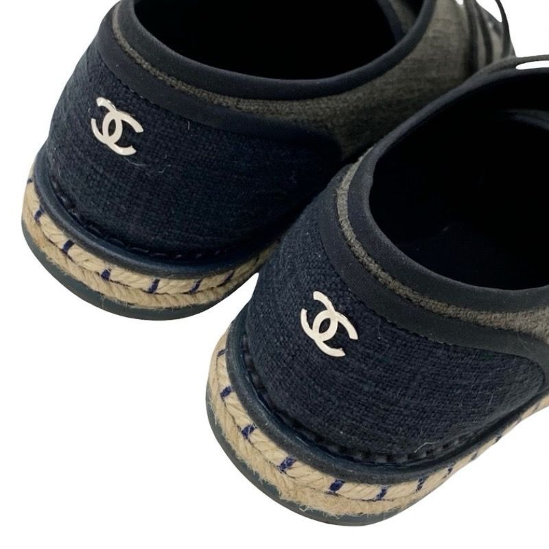 Chanel Flat Shoes Fabric Gray Black Here Mark Espadrilles Pearl Lace Up Shoes