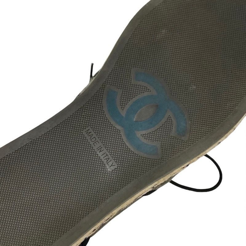 Chanel Flat Shoes Fabric Gray Black Here Mark Espadrilles Pearl Lace Up Shoes