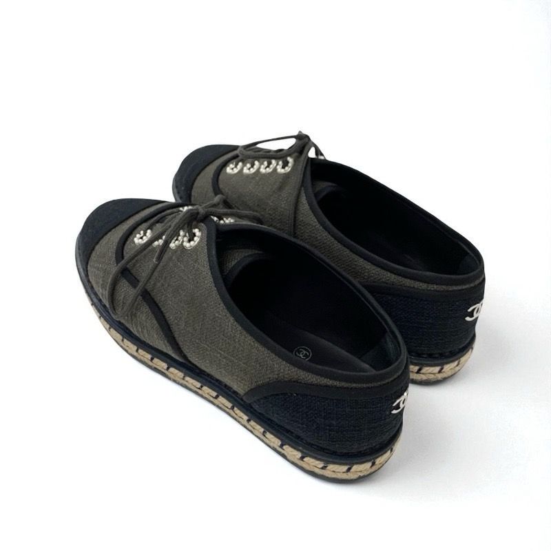 Chanel Flat Shoes Fabric Gray Black Here Mark Espadrilles Pearl Lace Up Shoes