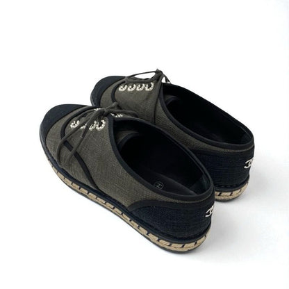 Chanel Flat Shoes Fabric Gray Black Here Mark Espadrilles Pearl Lace Up Shoes
