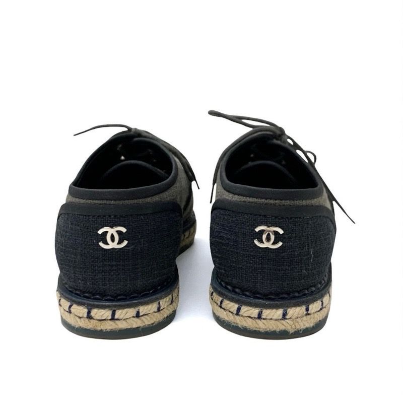 Chanel Flat Shoes Fabric Gray Black Here Mark Espadrilles Pearl Lace Up Shoes