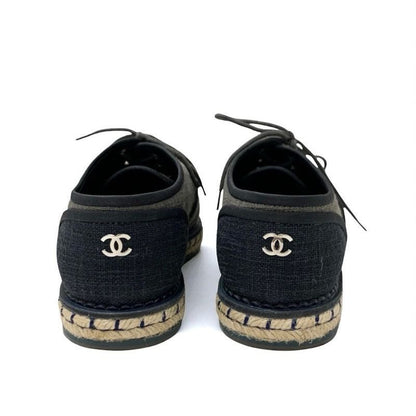 Chanel Flat Shoes Fabric Gray Black Here Mark Espadrilles Pearl Lace Up Shoes