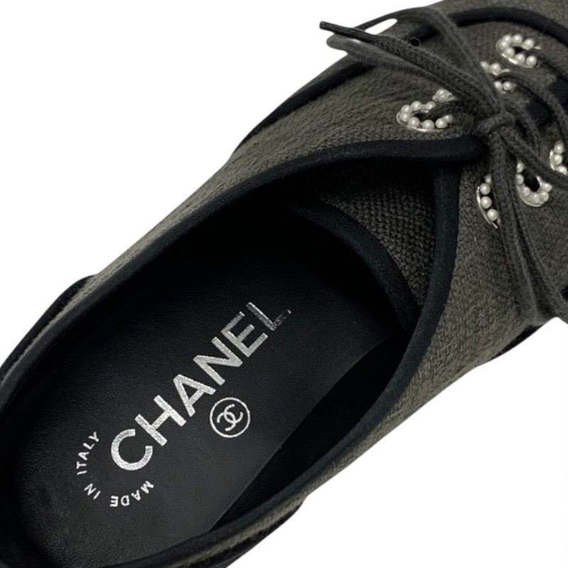 Chanel Flat Shoes Fabric Gray Black Here Mark Espadrilles Pearl Lace Up Shoes