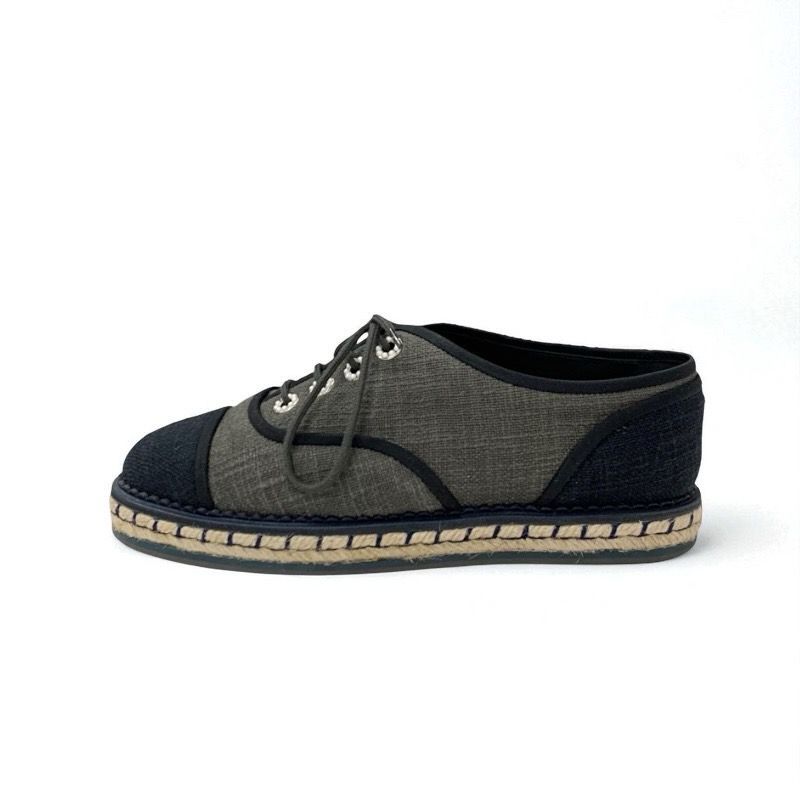 Chanel Flat Shoes Fabric Gray Black Here Mark Espadrilles Pearl Lace Up Shoes