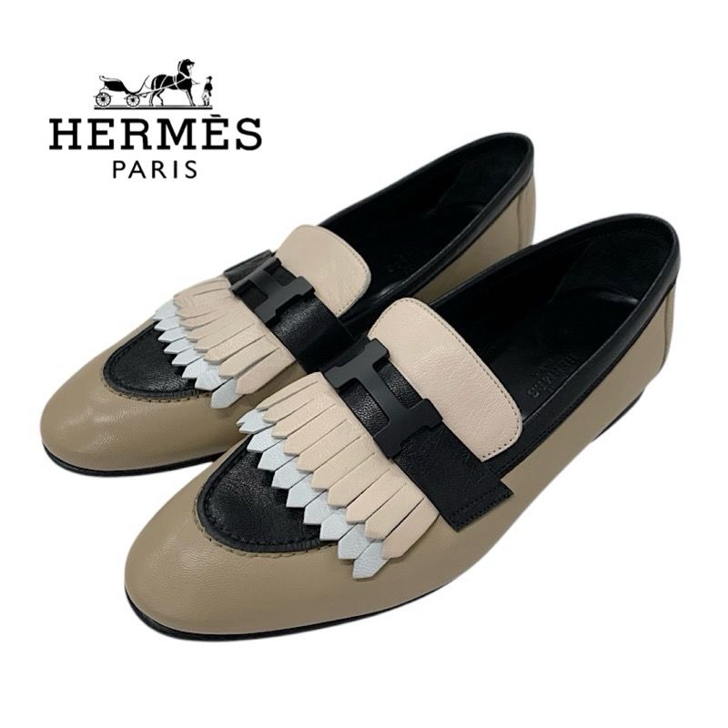 Hermes Royal Loafer Leather Shoes Leather Beige Black White Hhardware Constance