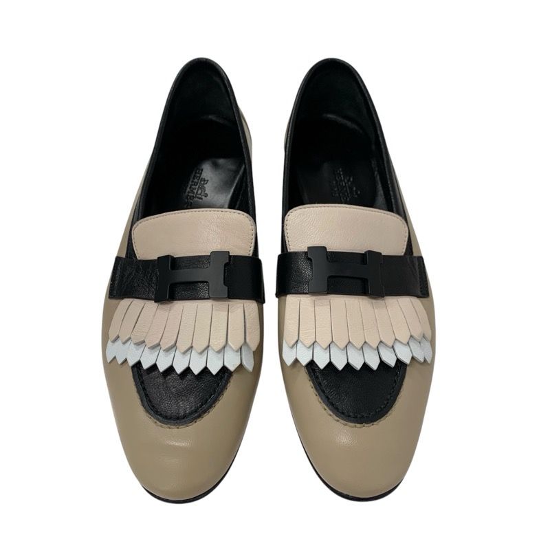 Hermes Royal Loafer Leather Shoes Leather Beige Black White Hhardware Constance