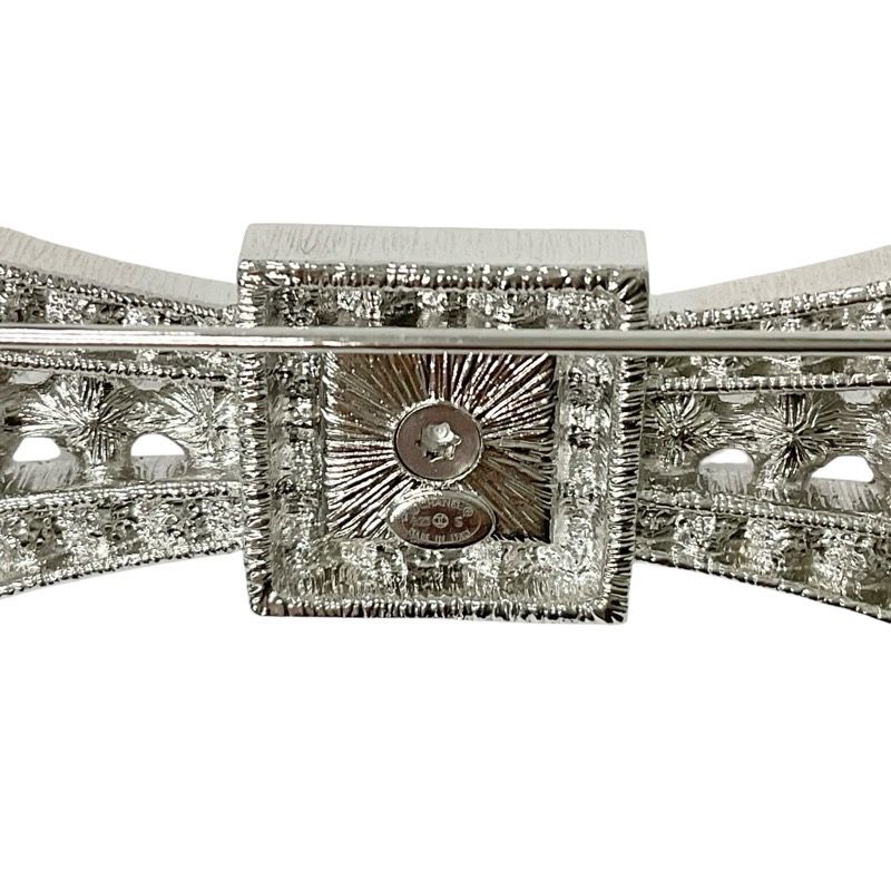 Chanel Brooch Corsage Silver Coco Mark Rhinestone Ribbon
