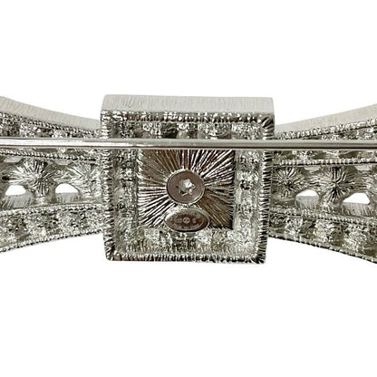 Chanel Brooch Corsage Silver Coco Mark Rhinestone Ribbon