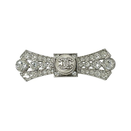 Chanel Brooch Corsage Silver Coco Mark Rhinestone Ribbon