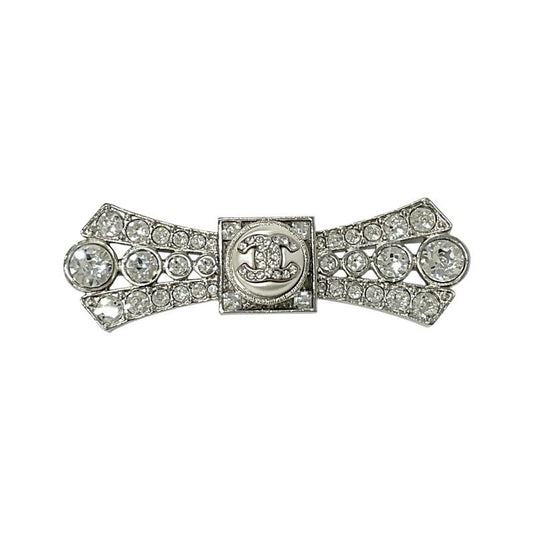 Chanel Brooch Corsage Silver Coco Mark Rhinestone Ribbon