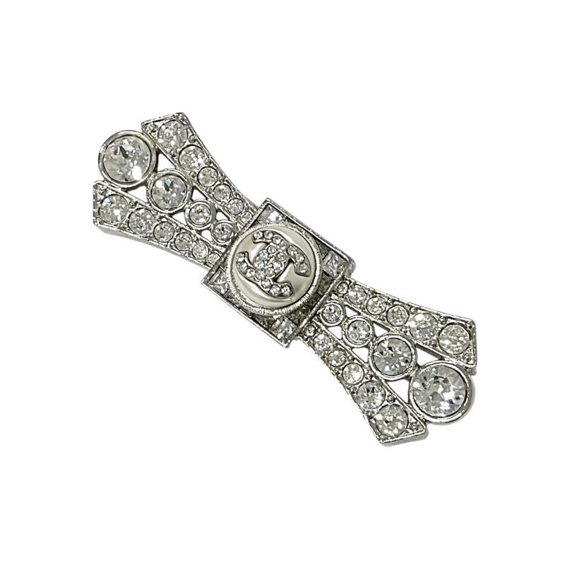 Chanel Brooch Corsage Silver Coco Mark Rhinestone Ribbon