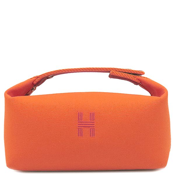 Hermes Pouch Brid a Black PM Toile Chevron Orange Silver Hardware Handbag