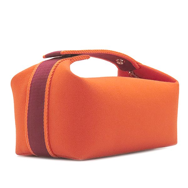 Hermes Pouch Brid a Black PM Toile Chevron Orange Silver Hardware Handbag