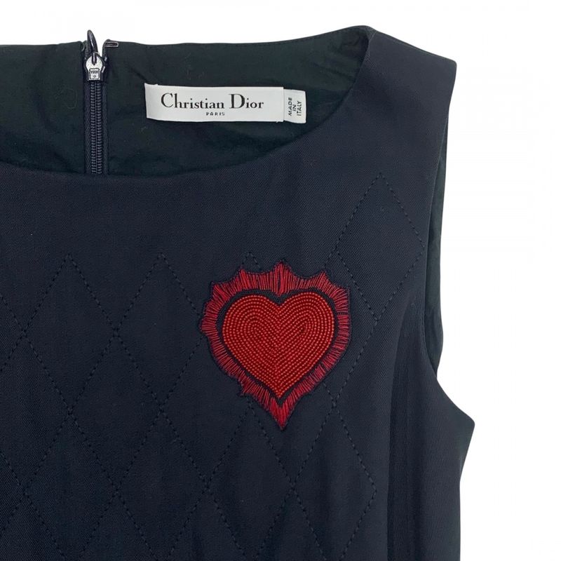 Christian DIOR Dress Cotton Navy Red Quilted Heart