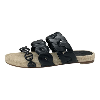Hermes Gwen Sandals Shoes Leather Black Espadrilles Chaine D'ancre Flats