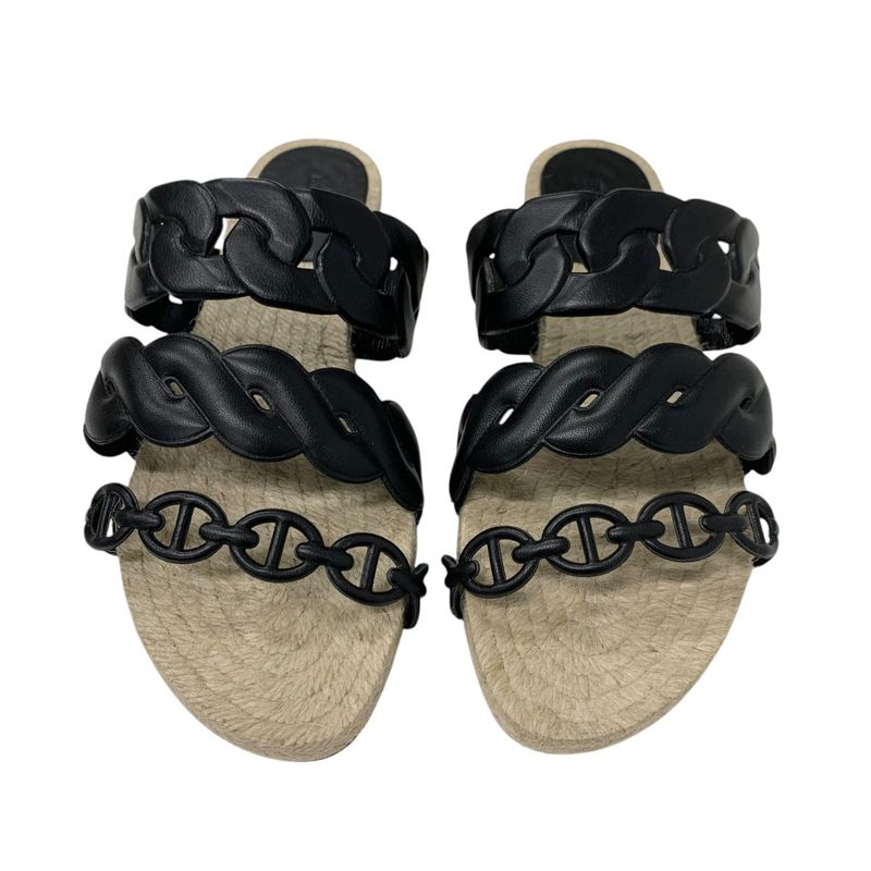 Hermes Gwen Sandals Shoes Leather Black Espadrilles Chaine D'ancre Flats