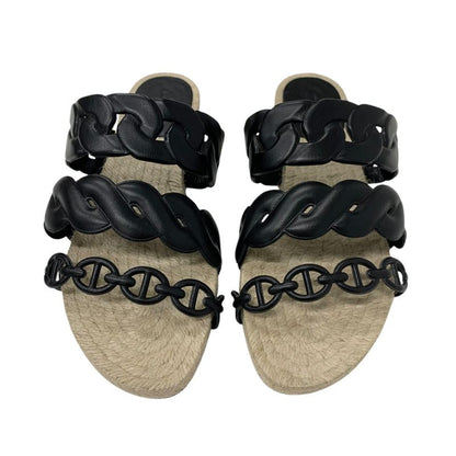 Hermes Gwen Sandals Shoes Leather Black Espadrilles Chaine D'ancre Flats