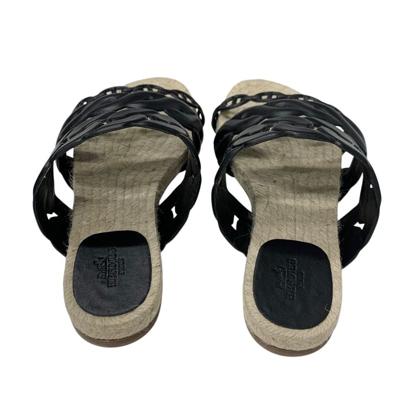 Hermes Gwen Sandals Shoes Leather Black Espadrilles Chaine D'ancre Flats